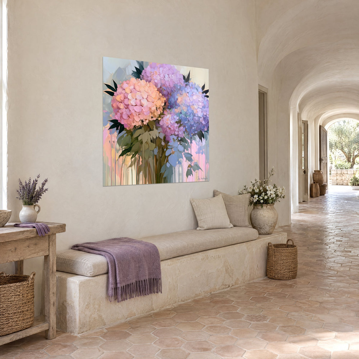 Wall art large peach, mauve and periwinkle blue umbels with thickly brushed petals, in a vaulted gallery of a Provençal farmhouse