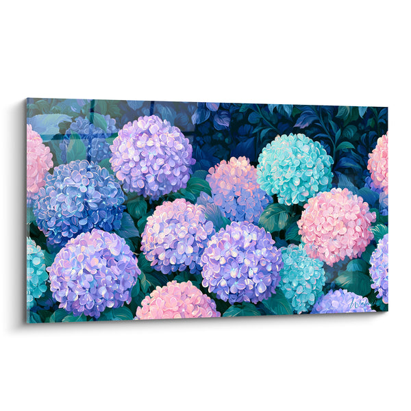 Tableau Hortensias mauves et roses en massif fleuri - Rosée de jardin - Edition Hortensia