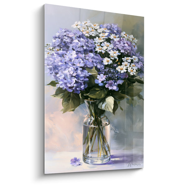 Tableau Vase transparent aux tiges immergées visibles - Fleur tombée au sol - Edition Hortensia