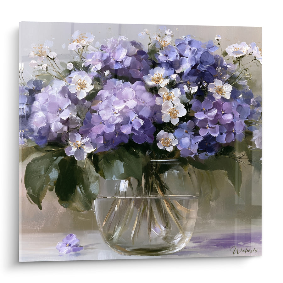 Tableau Bouquet mauve et blanc dans un vase transparent - Fraîcheur du matin - Edition Hortensia