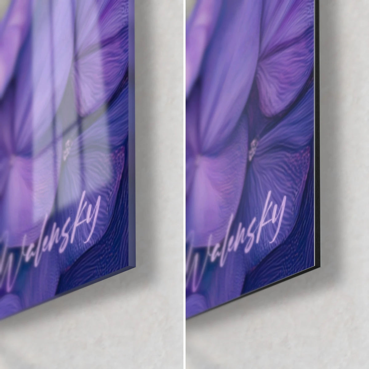 Cuadro de pétalos de hortensia violeta y lila, esquina inferior derecha: cristal acrílico brillante a la izquierda, Dibond aluminio mate a la derecha