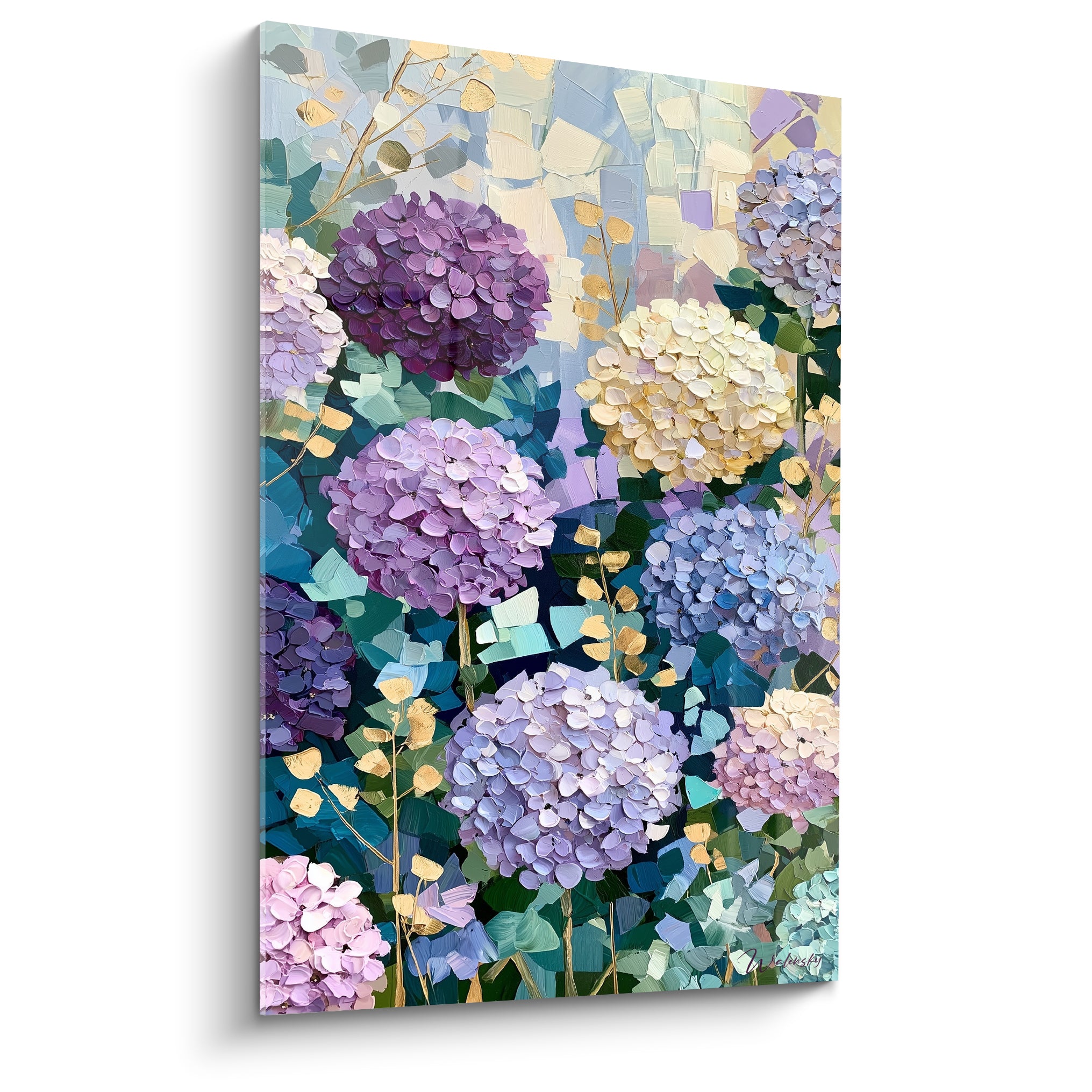 Hortensias mauves, dorés et bleu pastel en larges touches empâtées sur fond clair fragmenté