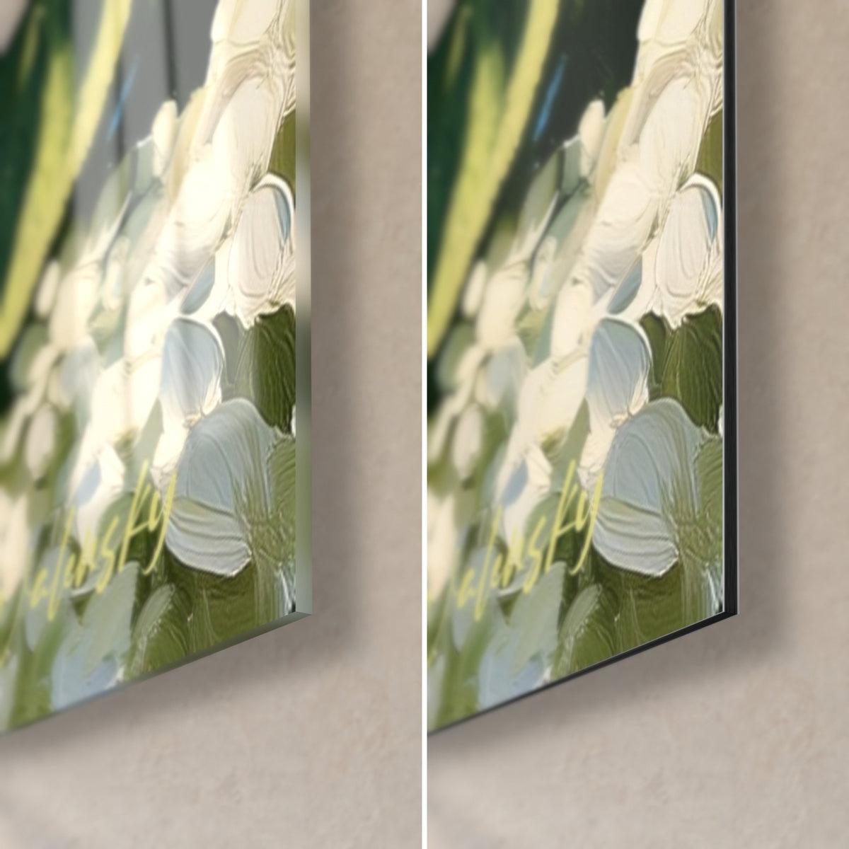 Wall art ivory hydrangea blooms with raised petals, bottom right corner, glossy glass on the left, matte black Dibond aluminium on the right