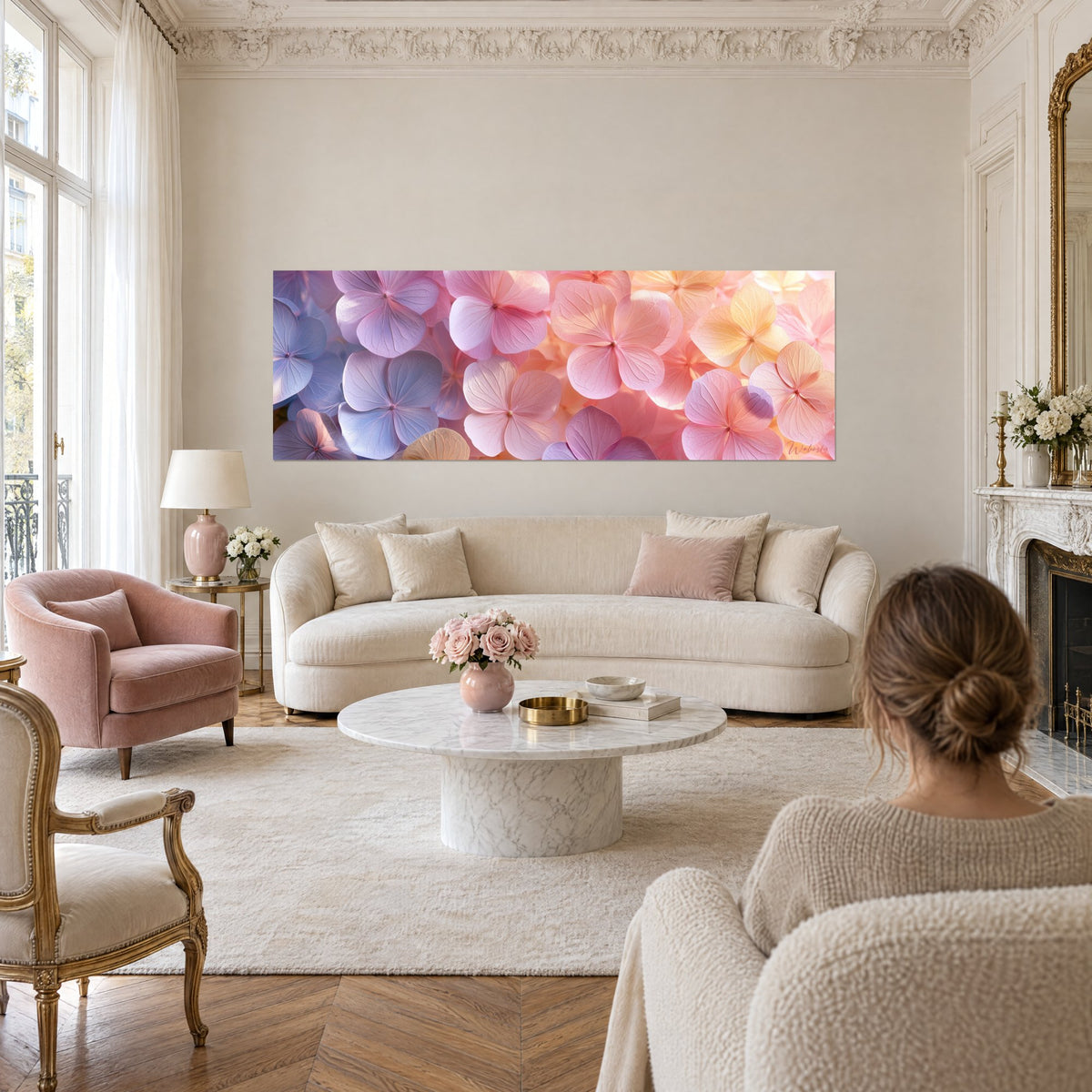 Wall art hydrangea umbel with mauve and peach petals, luminous panoramic gradient, above a sofa in a bright living room