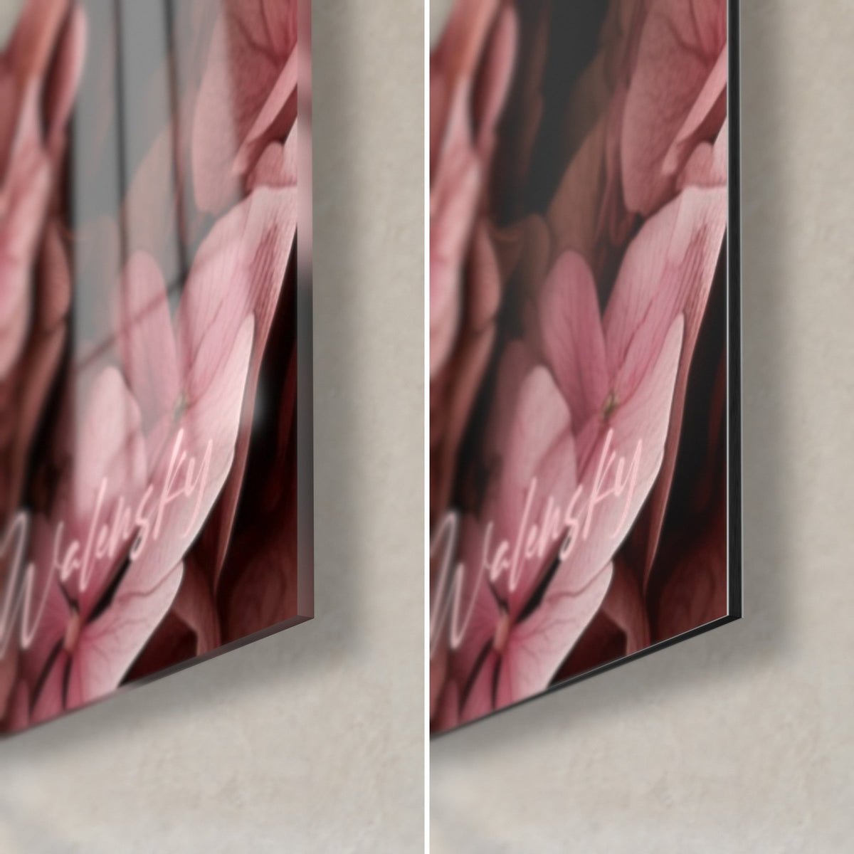 Wall art pink and mauve hydrangea petals, bottom right corner: glossy acrylic glass on the left, matte Dibond on the right, 3 mm edge