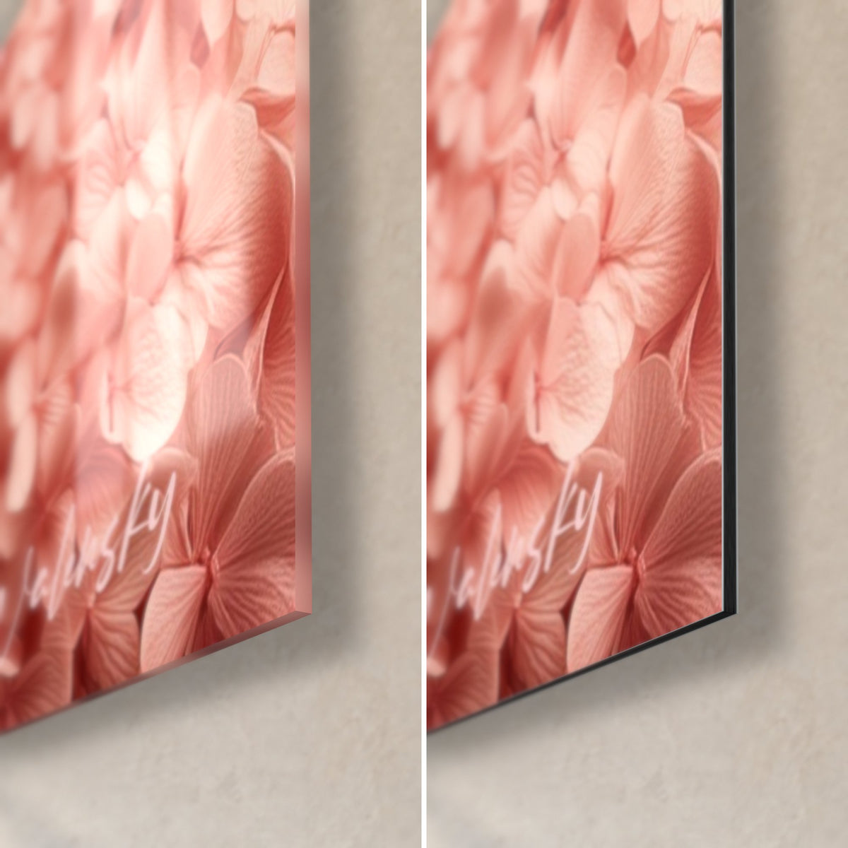 Wall art with salmon-pink hydrangea petals in macro, bottom right corner: glossy acrylic glass on the left, matte black Dibond on the right