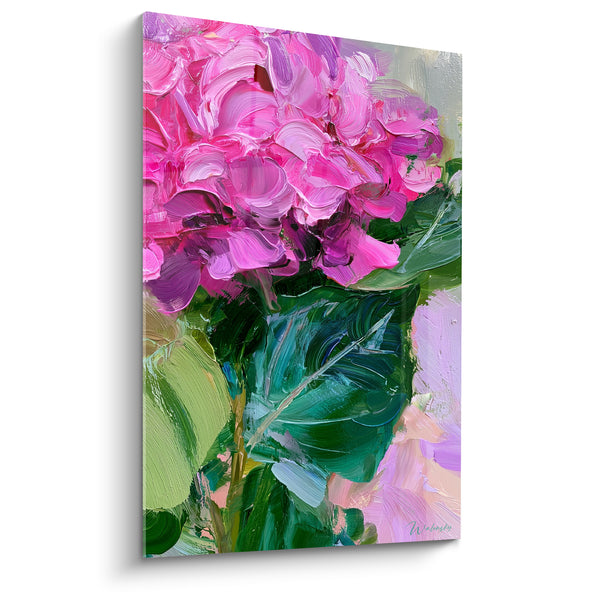 Tableau Ombelle rose et verte aux larges feuilles épaisses - Empâtements au couteau - Edition Hortensia