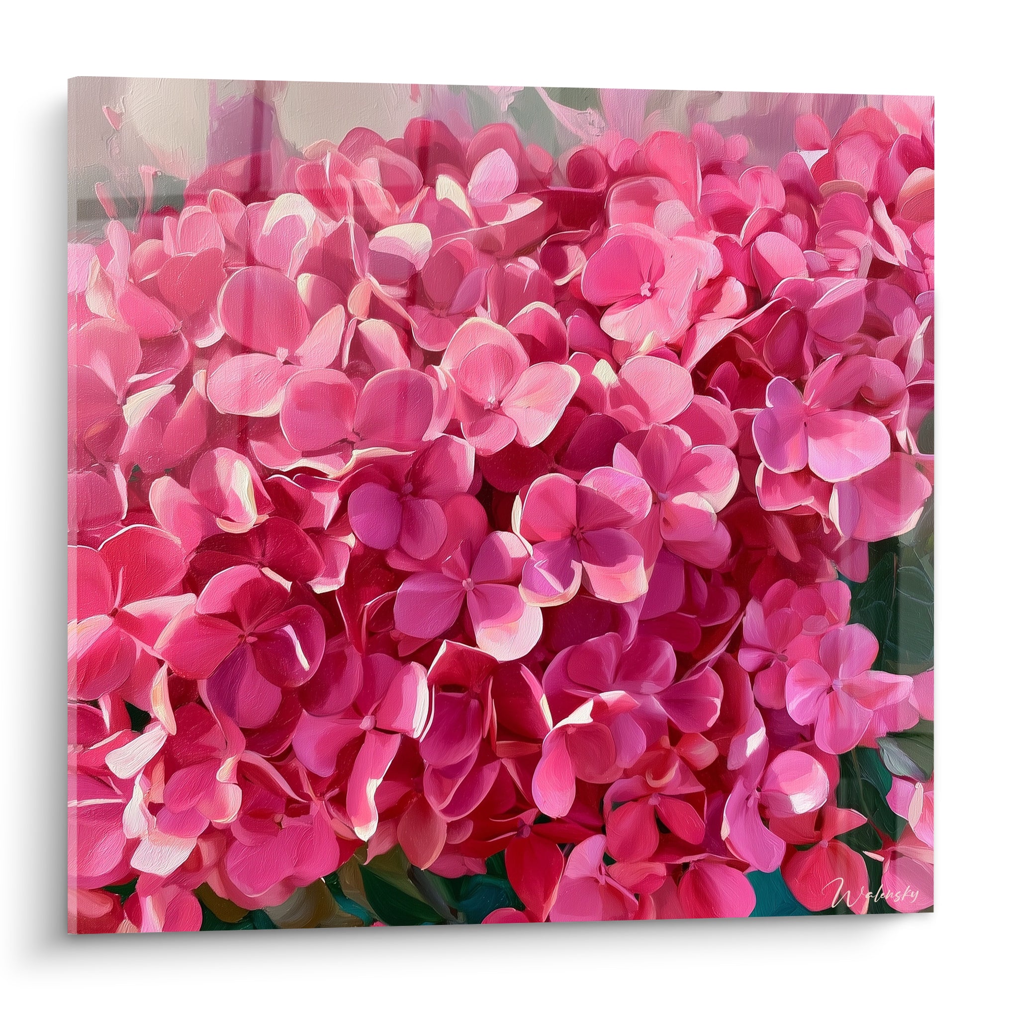 Hortensia rose fuchsia et vert profond en pleine floraison, touches picturales empâtées et lumineuses