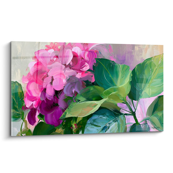 Tableau Ombelle rose et pourpre aux larges feuilles vertes - Empâtements au couteau - Edition Hortensia