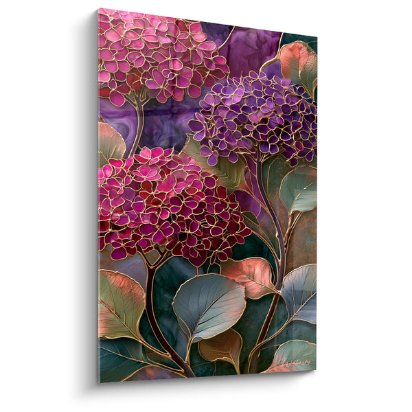 Tableau Hortensias roses et violets aux contours dorés - Éclosion vitrail - Edition Hortensia