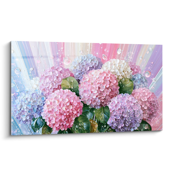 Tableau Ombelles roses et mauves aux gouttelettes scintillantes - Rayons pastel irisés - Edition Hortensia