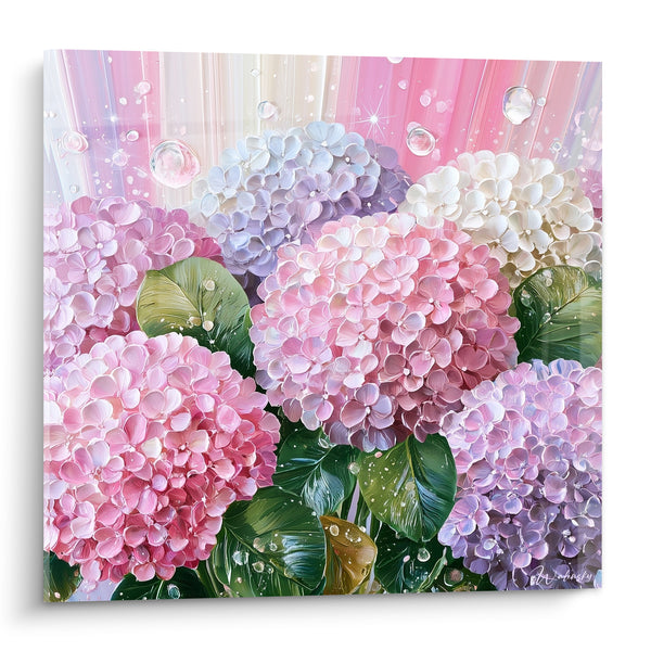 Tableau Ombelles roses et mauves aux gouttelettes cristallines - Fond strié rosé - Edition Hortensia
