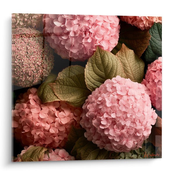 Tableau Hortensias roses aux feuilles olive - Bouquet foisonnant - Edition Hortensia