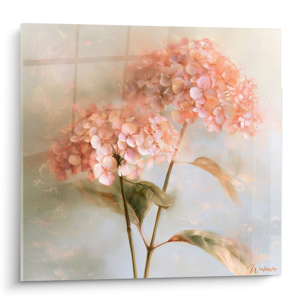 Tableau Hortensia rose et beige à double ombelle - Brume délicate - Edition Hortensia