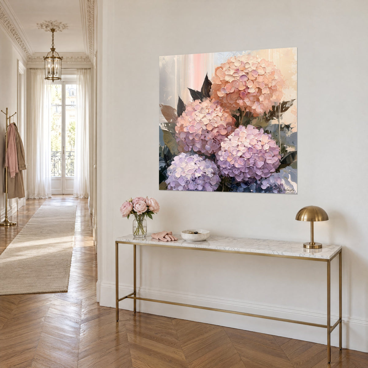 Wall art with a bouquet of powder pink and lilac blooms painted with a palette knife, striped beige background, on a gilded console in a Haussmann-style hallway