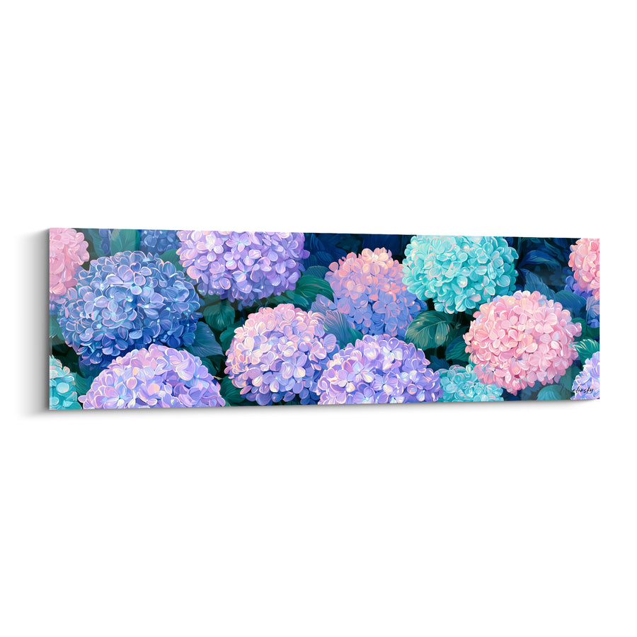Tableau Ombelles turquoise et rose aux feuilles sombres luxuriantes - Massif multicolore panoramique - Edition Hortensia