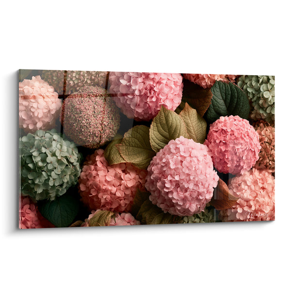 Tableau Hortensias roses et verts en bouquet dense - Abondance florale - Edition Hortensia