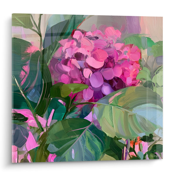 Tableau Hortensia rose et vert feuillage dense - Éveil printanier - Edition Hortensia