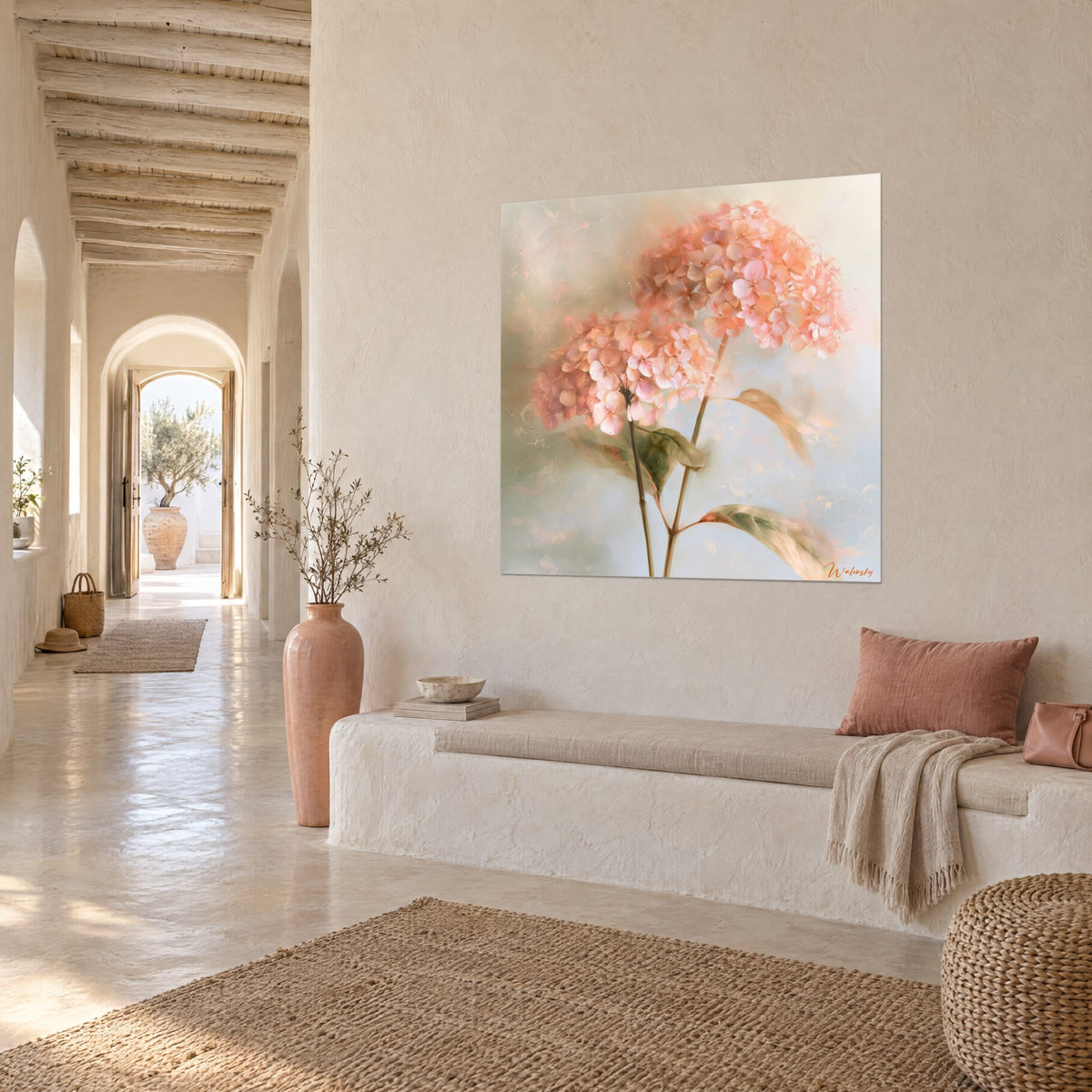 Wall art hydrangea bouquet with olive green stems and salmon blooms on a bluish haze, at the end of a vaulted hallway in beige lime plaster