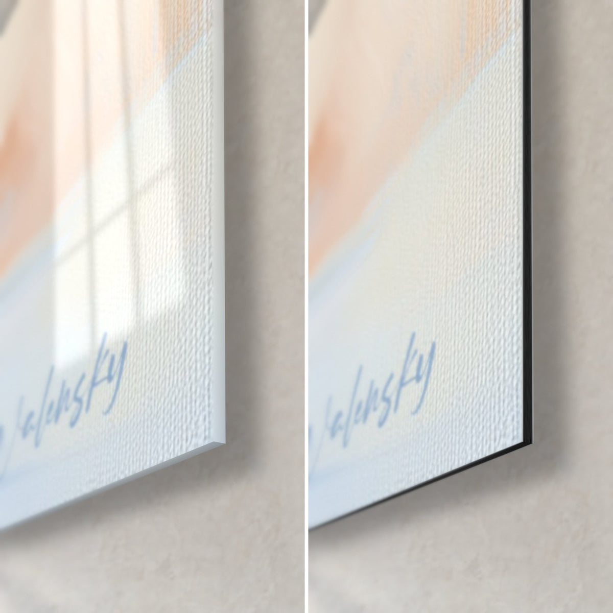 Wall art lavender hydrangeas, blue Walensky signature bottom right, 3 mm black edge, glossy glass and matte Dibond