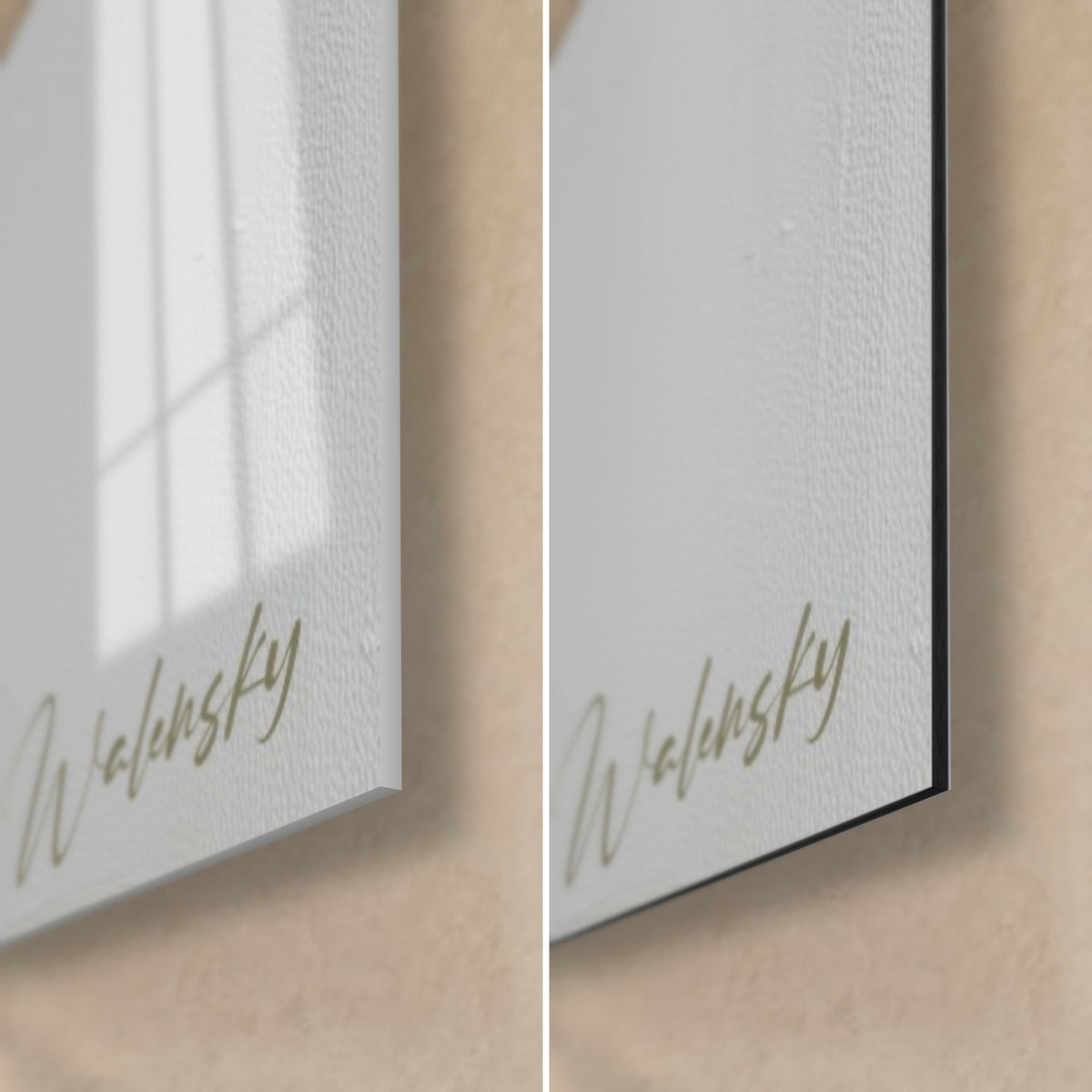 Wall art off-white bouquet, bottom right corner: gold signature on grey, glossy glass on the left, matt black Dibond on the right
