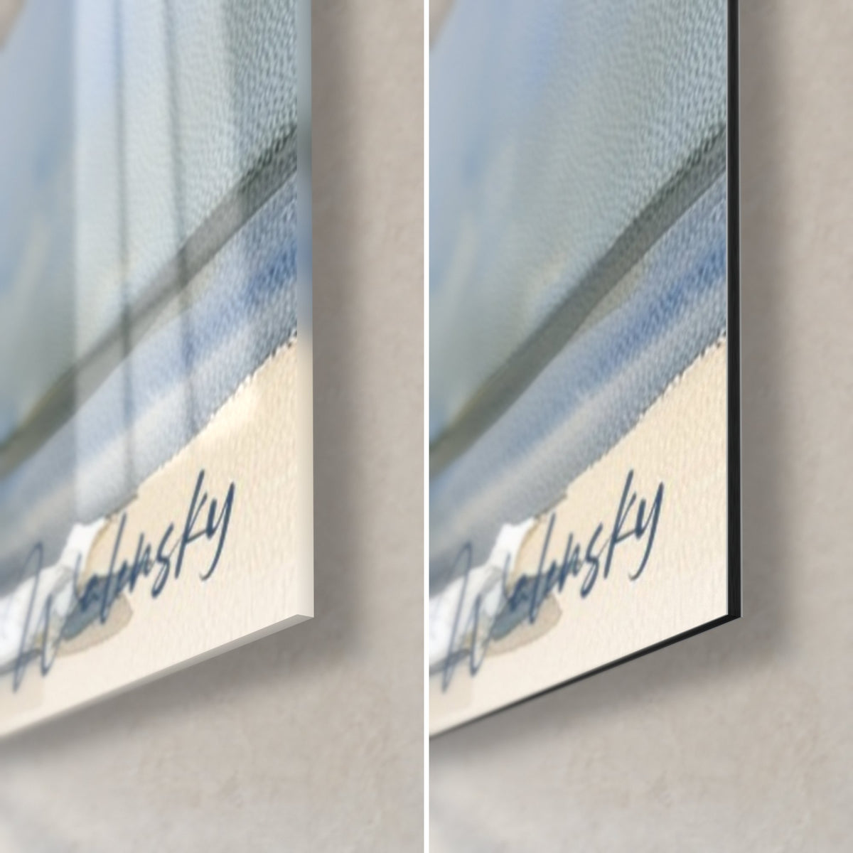 Wall art cobalt blue and cream porcelain vase, signed lower right corner, 3 mm edge, glossy glass and matte Dibond