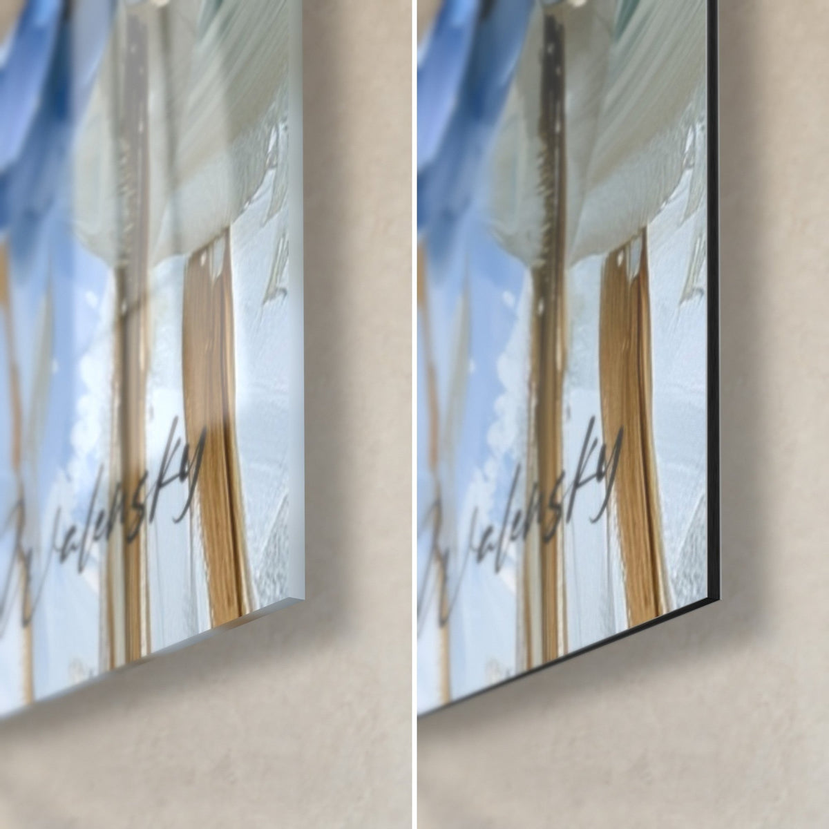 Wall art sky blue hydrangea bouquets, bottom right corner, glossy acrylic glass on the left, matte black Dibond aluminum on the right, 3 mm edge