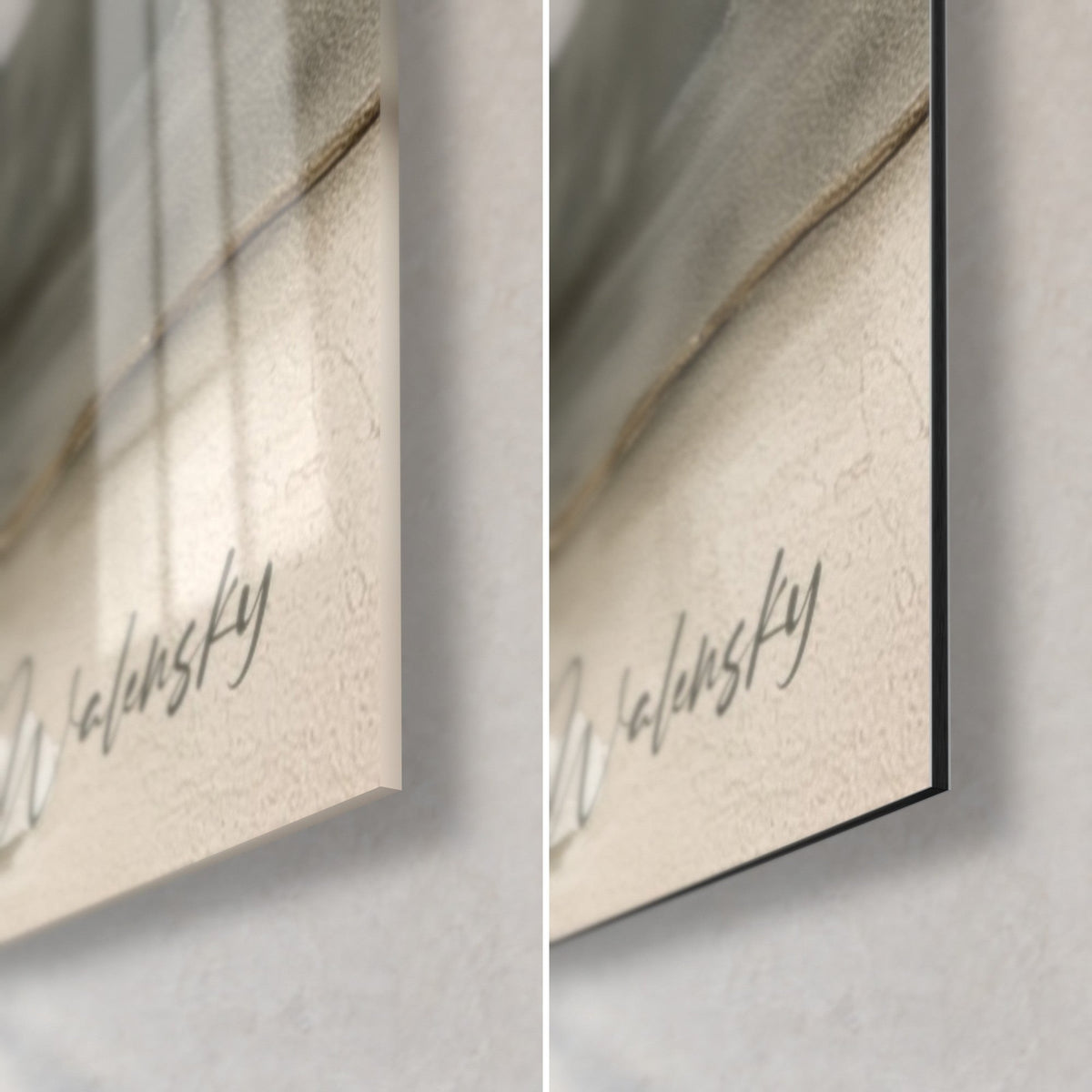 Wall art of dried ivory hydrangeas, bottom right corner: glossy acrylic glass on the left, matte beige Dibond aluminium on the right, thin edge
