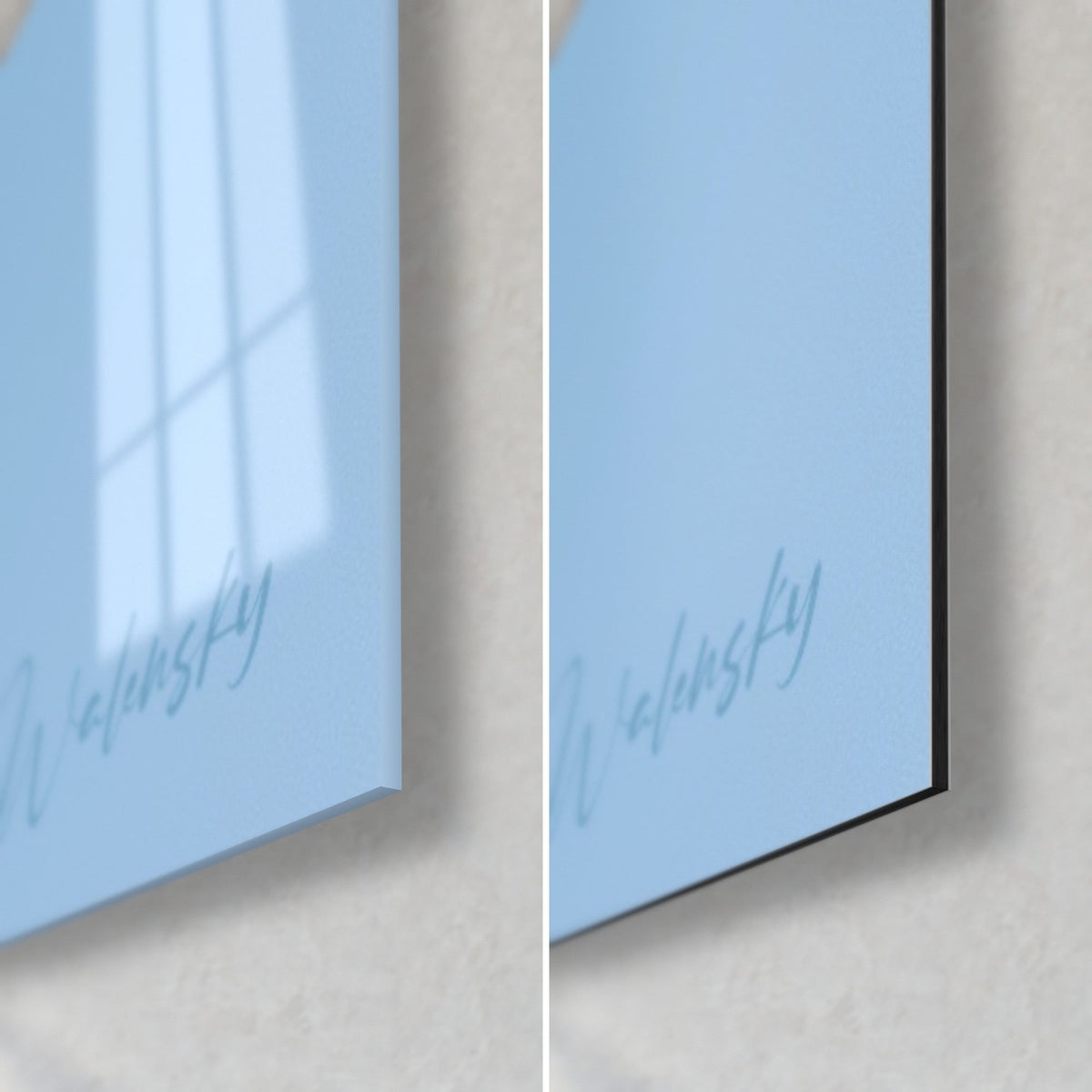Wall art of ivory hydrangeas on a sky-blue background, bottom right corner, glossy glass and 3 mm matte black Dibond
