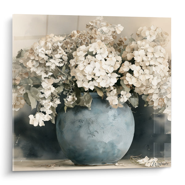 Tableau Bouquet blanc en vase bleu craquelé - Douceur du temps suspendu - Edition Hortensia