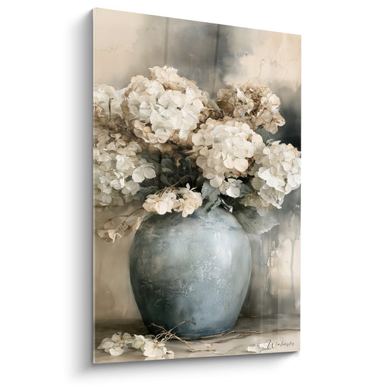 Tableau Vase bleu gris aux branches tombées au sol - Panse craquelée ventrue - Edition Hortensia