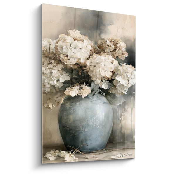 Tableau Vase bleu gris aux branches tombées au sol - Panse craquelée ventrue - Edition Hortensia