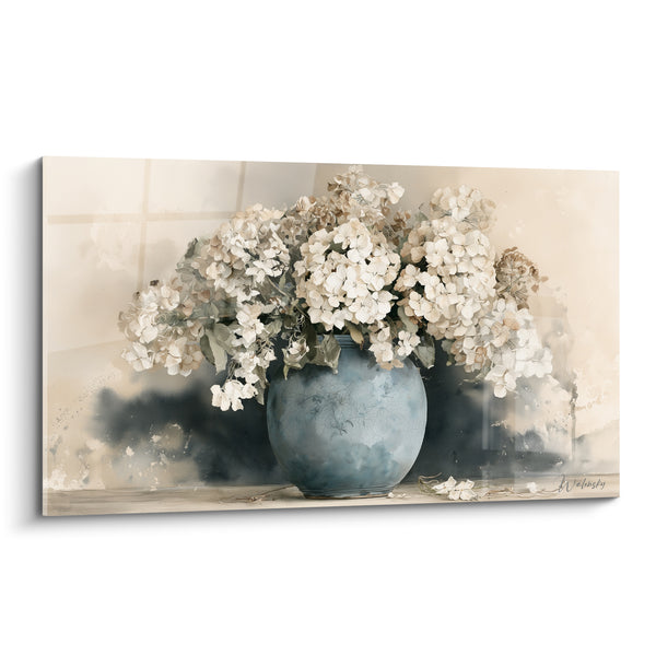 Tableau Vase bleu ventru aux fleurs blanches craquelées - Ombre portée diffuse - Edition Hortensia