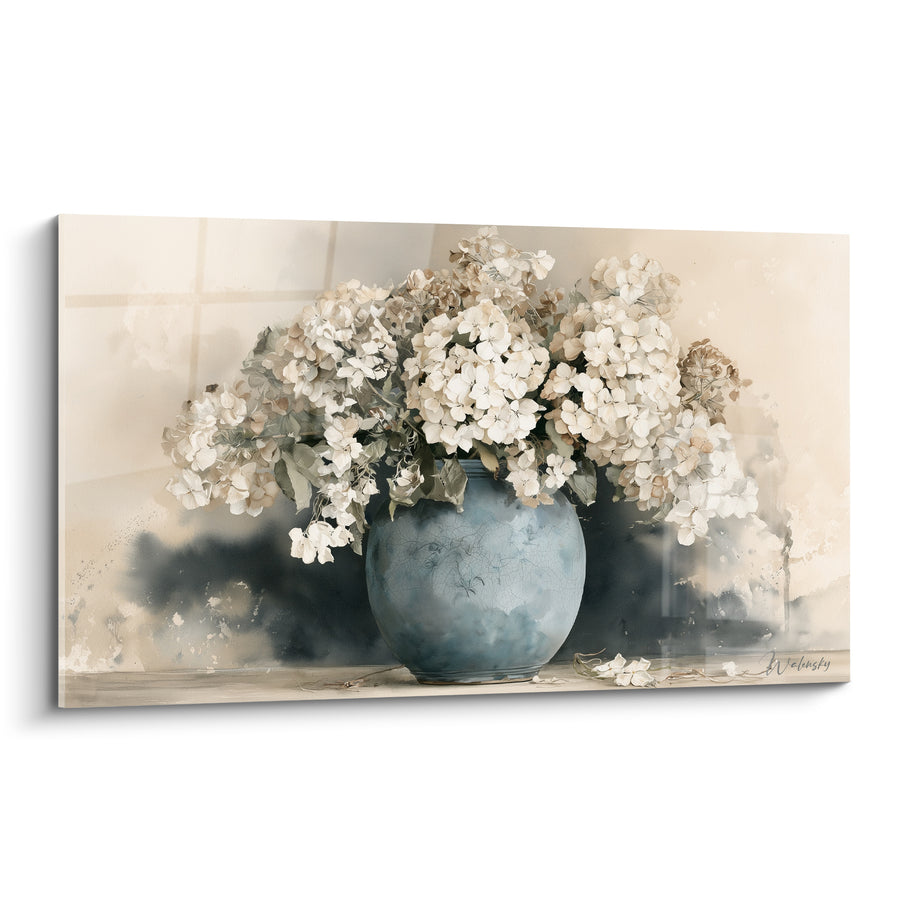 Tableau Vase bleu ventru aux fleurs blanches craquelées - Ombre portée diffuse - Edition Hortensia