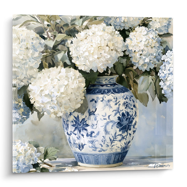 Tableau Hortensias blancs dans un vase bleu - Douceur du matin - Edition Hortensia