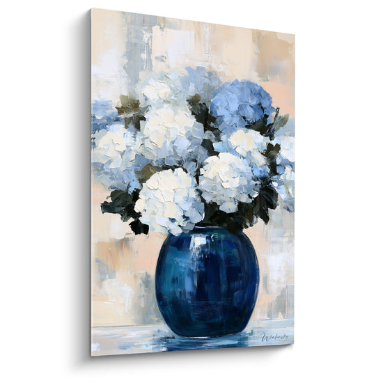 Tableau Vase bleu marine et blanc au bouquet dense sur fond beige - Panse arrondie lustrée - Edition Hortensia