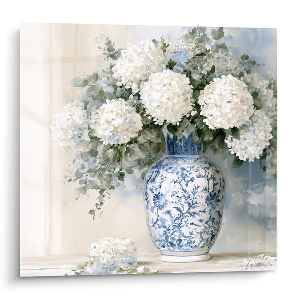Tableau Vase blanc et bleu à motifs floraux peints - Tige tombée au sol - Edition Hortensia