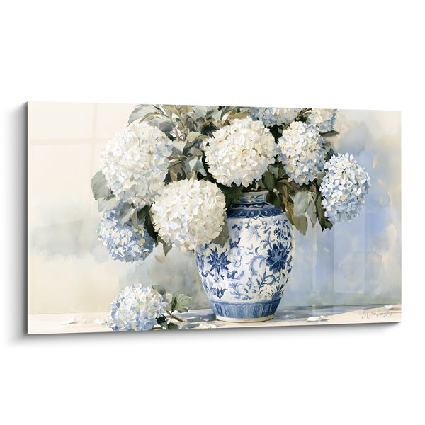 Tableau Vase blanc et bleu à motifs floraux ventru - Ombelle tombée au sol - Edition Hortensia