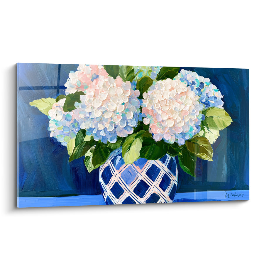 Tableau Vase bleu et blanc au motif losangé - Bouquet crème et rose - Edition Hortensia