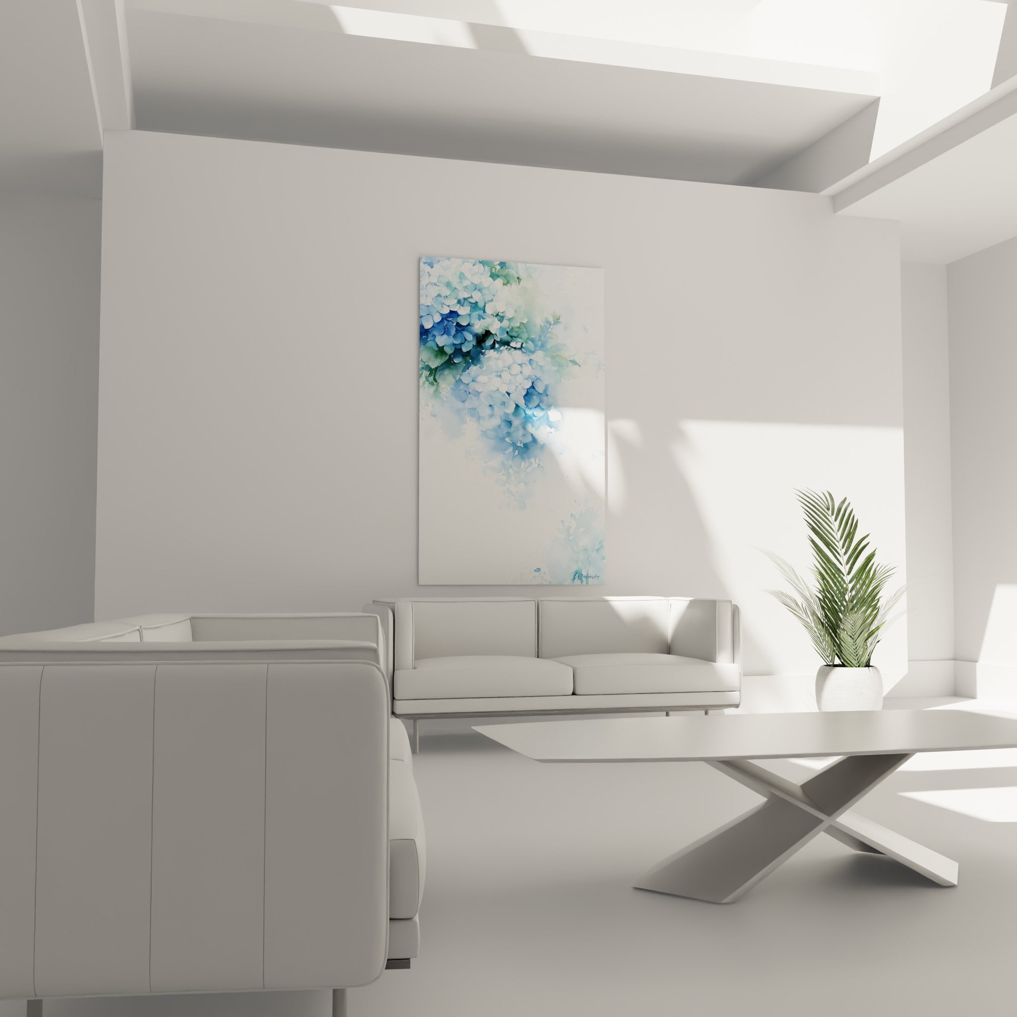 Fleurs d'hortensia bleu pastel et vert sauge au-dessus d'un canapé dans un salon lumineux
