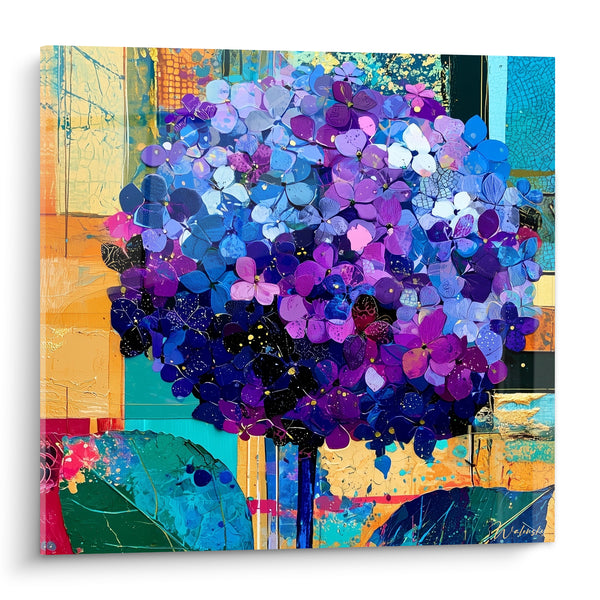 Tableau Hortensia violet et bleu sur fond ocre - Bouquet en fête - Edition Hortensia