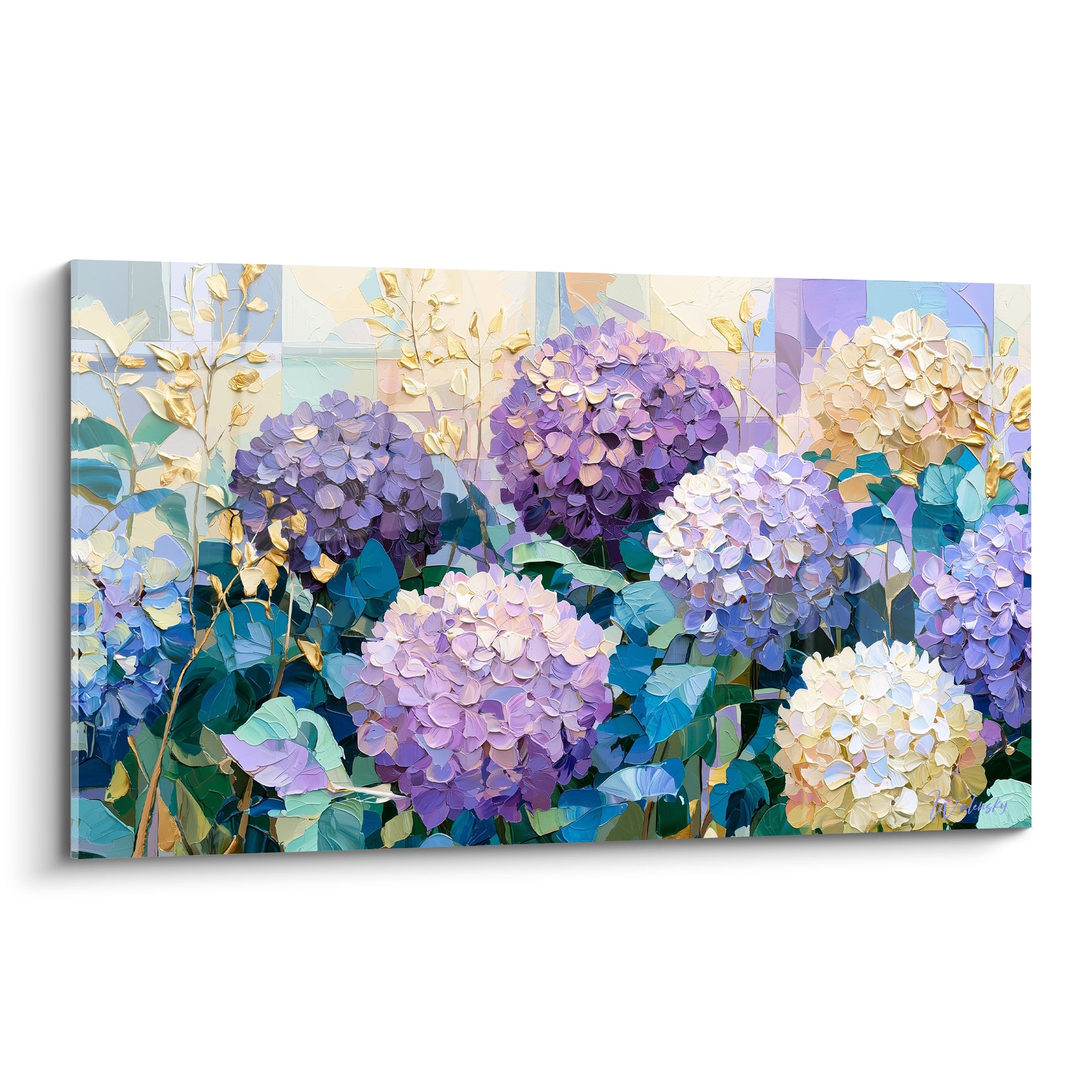 Hortensias violets, mauves et dorés aux fleurs texturées peintes en épaisseur sur fond pastel
