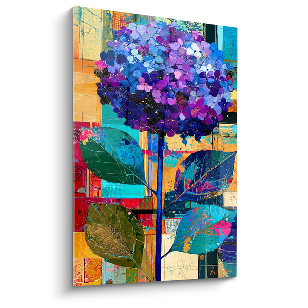 Tableau Hortensia violet et fond ocre patchwork - Éclosion joyeuse - Edition Hortensia