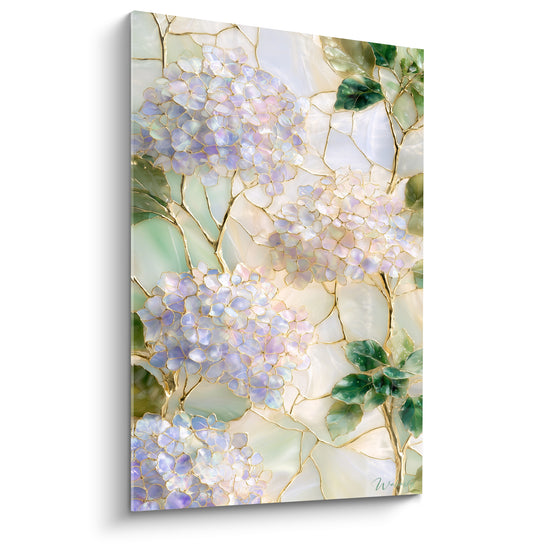 Tableau Hortensias mauves et verts en vitrail nacré - Feuilles cernées d'or - Edition Hortensia