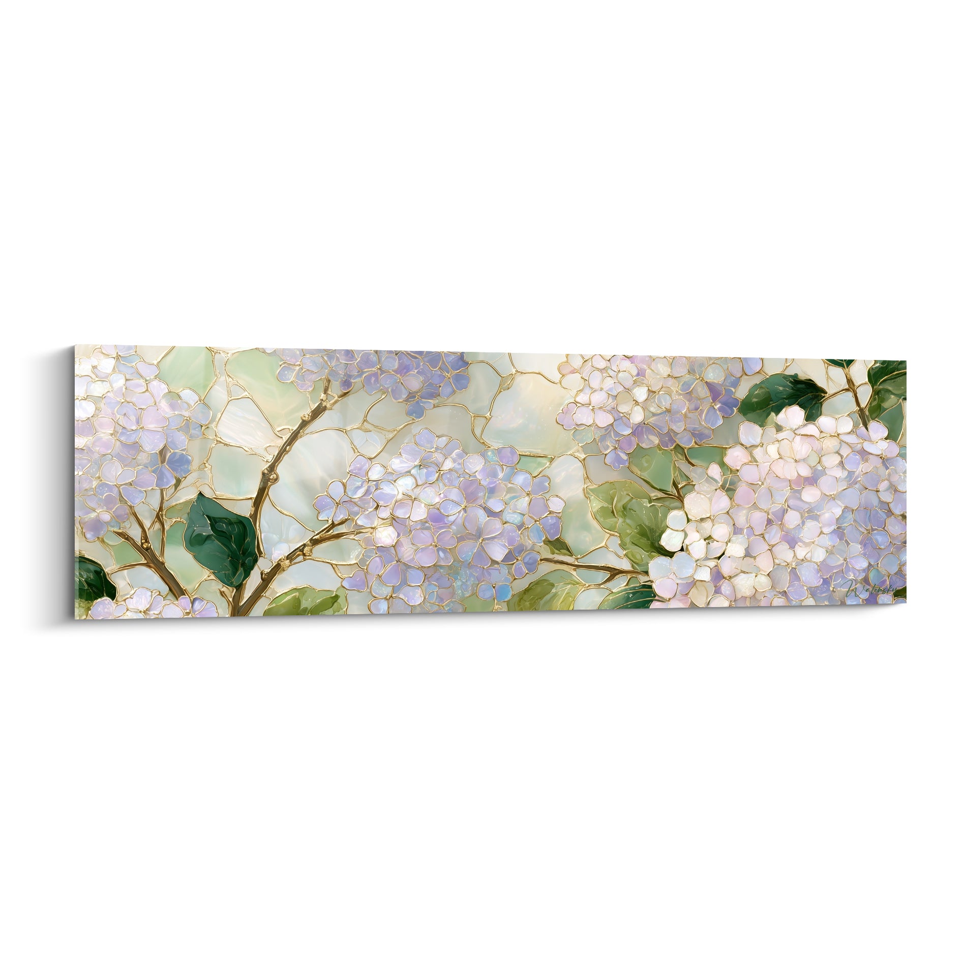 Hortensias mauves et blancs façon vitrail doré sur fond vert sauge nacré, plein cadre