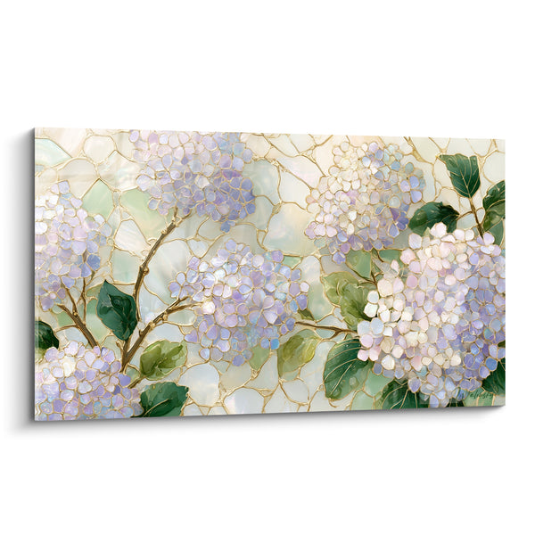 Tableau Fleurs mauves et vertes façon vitrail - Éclat de vitrail floral - Edition Hortensia