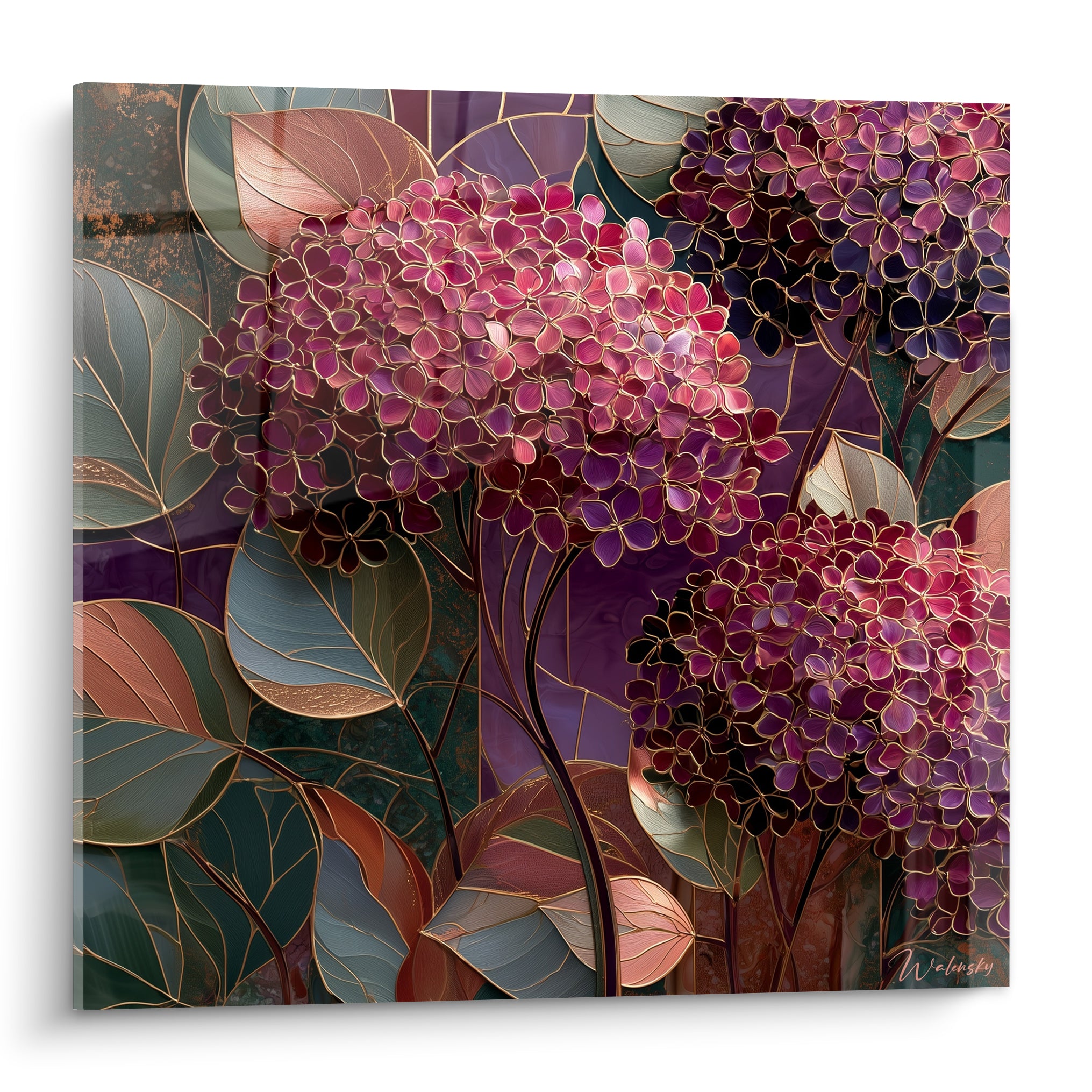 Hortensia rose et violet aux contours dorés façon vitrail sur fond pourpre profond
