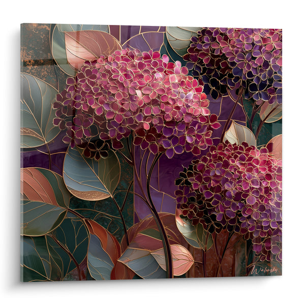 Tableau Hortensias roses et violets contours dorés - Éclat de vitrail - Edition Hortensia