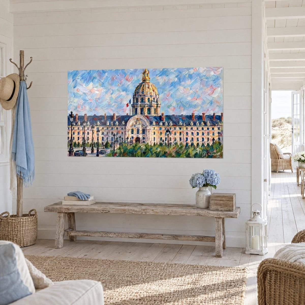Wall art golden dome over midnight blue slate rooftops, cream and green touches, hung above a weathered wooden bench