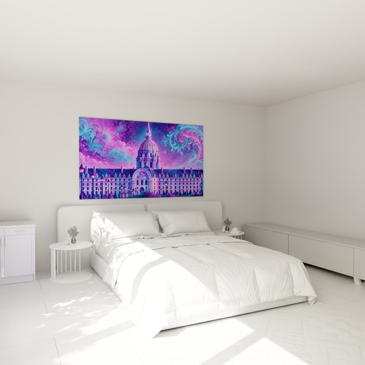 Dôme doré et façade violette de l'Hôtel des Invalides au-dessus d'un lit dans une chambre claire